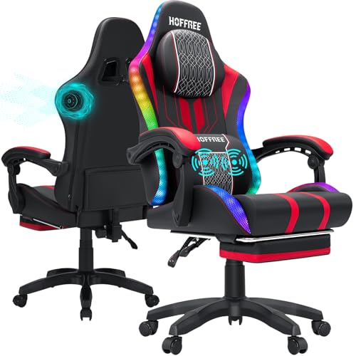 HOFFREE Pink Gaming Chair with Speakers and Massage Led Gaming Chair with Footrest Big and Tall Video Game Chair Reclining High Back Computer Desk Chair for Girls Pink and White