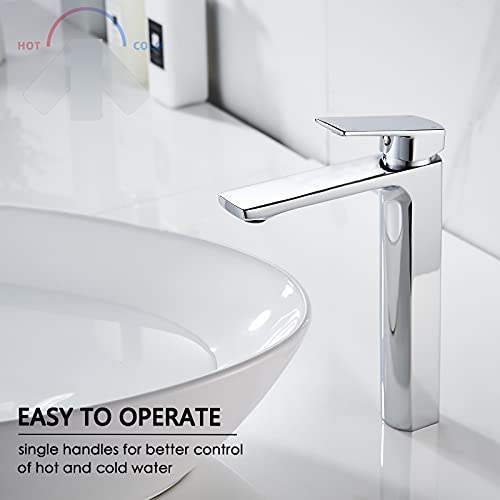 VOTON Vessel Sink Faucet Matte Black Tall Bathroom Faucet Single Handle Vanity Bathroom Sink Faucet 1 Hole Basin Mixer Tap with Water Supply Hose and Pop Up Sink Drain