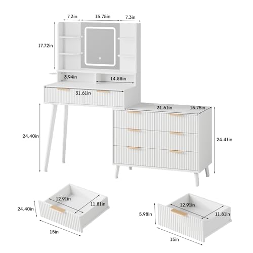 Maupvit Vanity Desk with Mirror and Lights, Makeup Vanity with 8 Drawers & Shelves, Corner Vanity, L Shape Change & Storage, Dressing Table for Bedroom (White)