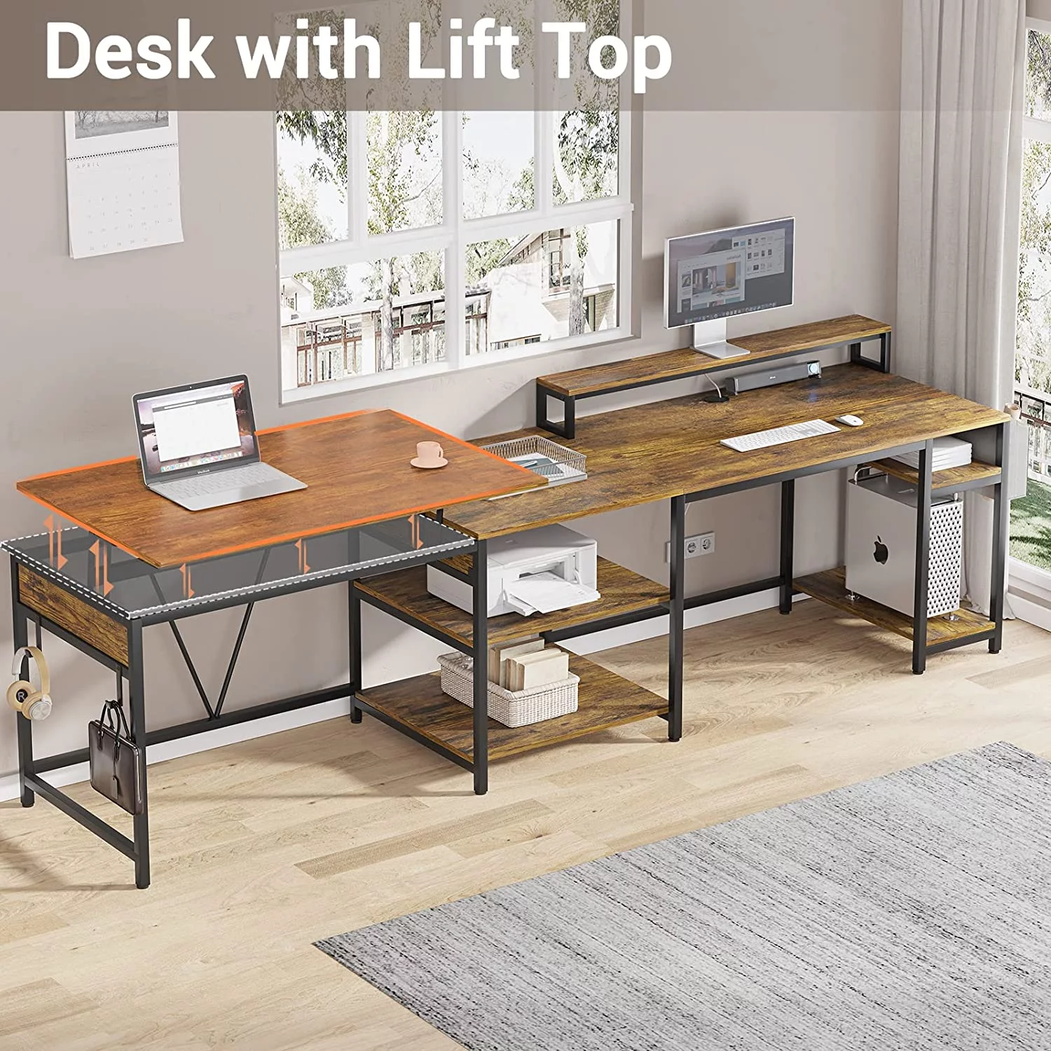 EPHEX L Shaped Desk with Lift Top, Reversible Corner Office Desk, L Shaped Desk with Storage Shelves, Monitor Stand, and Headphone Hook for Home Office, Rustic Brown