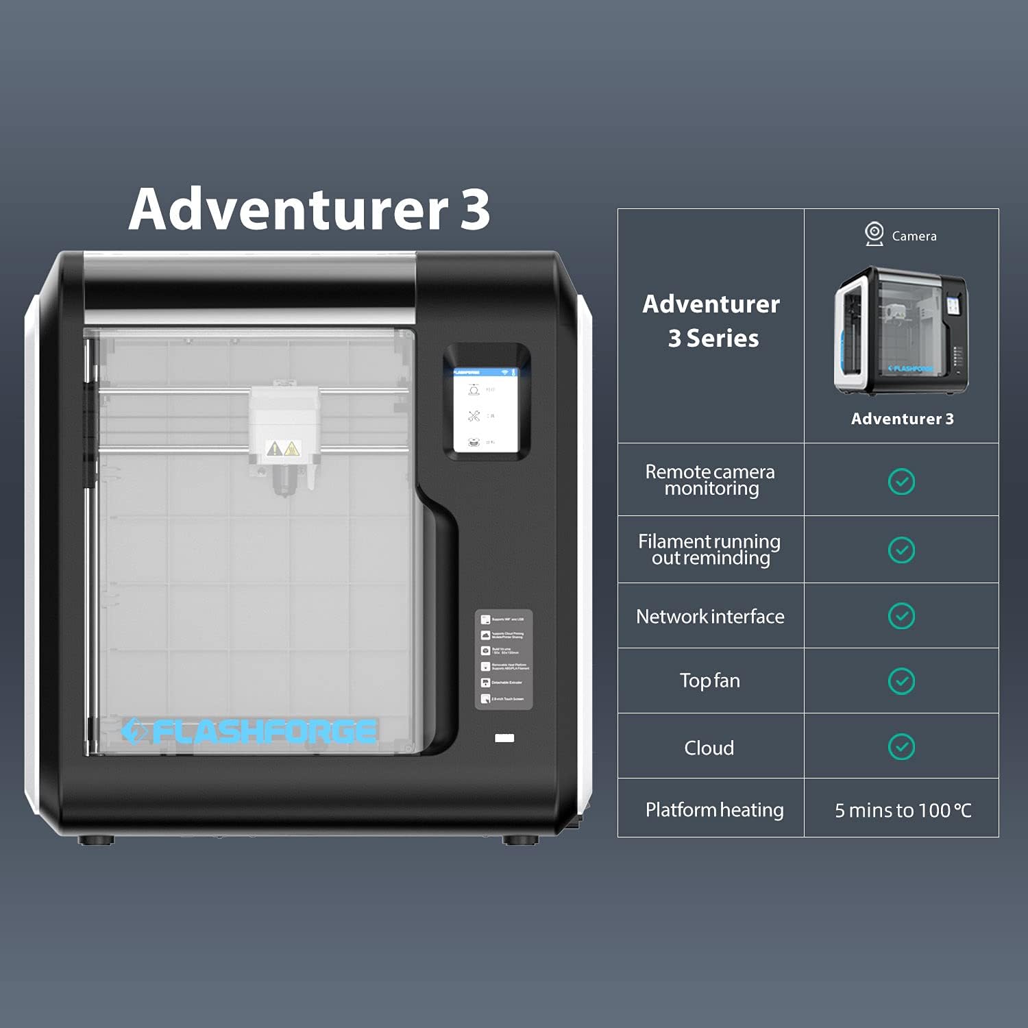 FlashForge Adventurer 3 3D Printer Leveling-Free with Quick Removable Nozzle and Heating Bed, Built-in HD Camera, Wi-Fi Cloud Printing