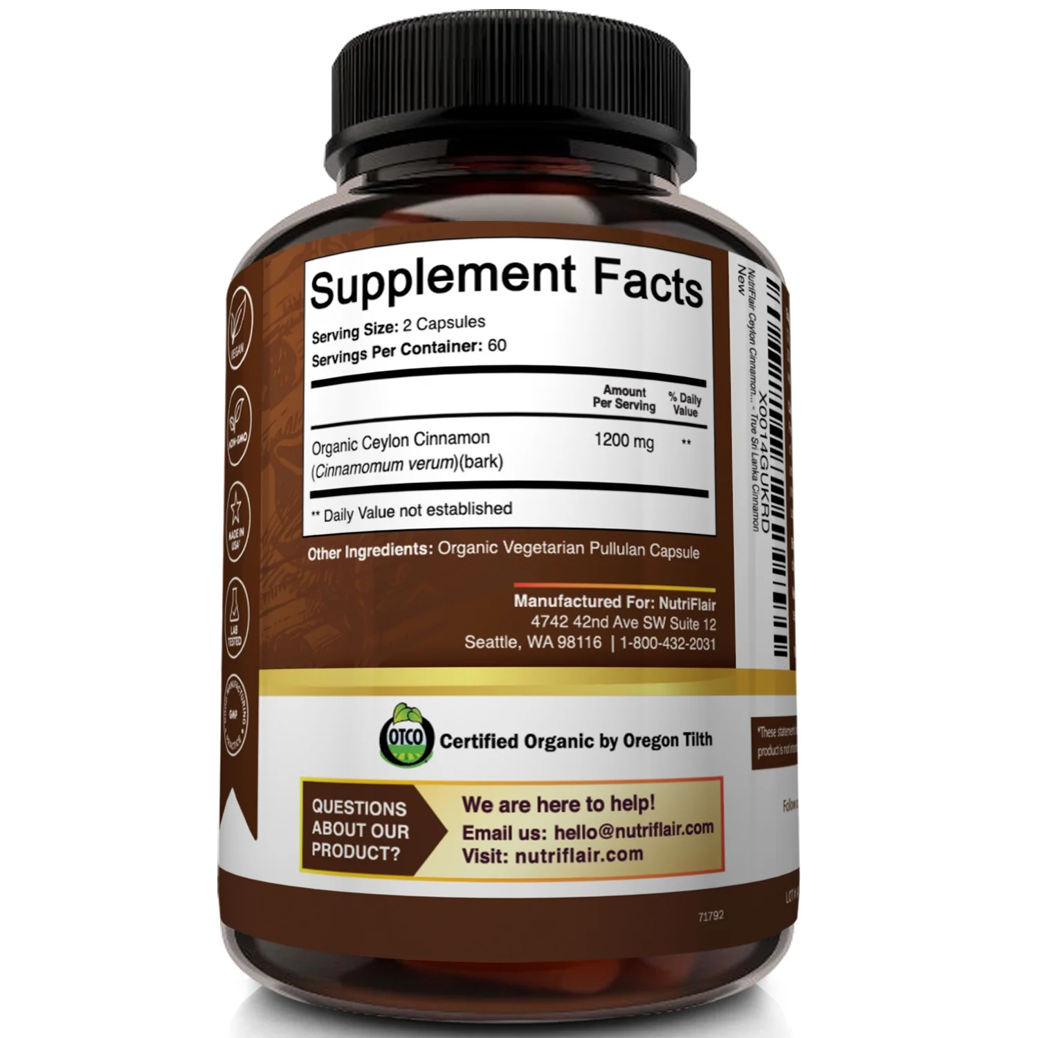 NutriFlair Organic Ceylon Cinnamon (USDA Certified) 1200mg per Serving, 120 Capsules