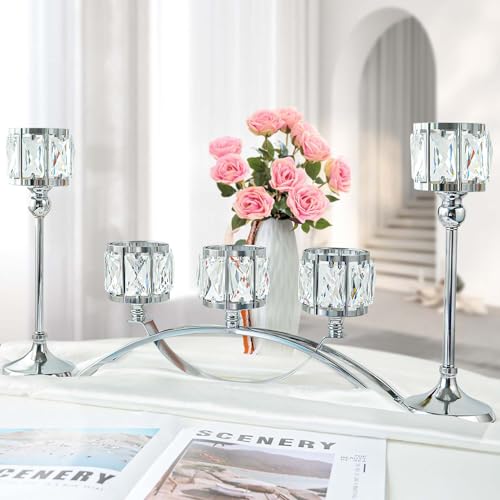 3 Arms Crystal Bowl Tealight Candelabra Votive Candle Stand, Wedding centerpieces for Tables Crystal Candlestick，Centerpiece Table Decorations (Set of Black)
