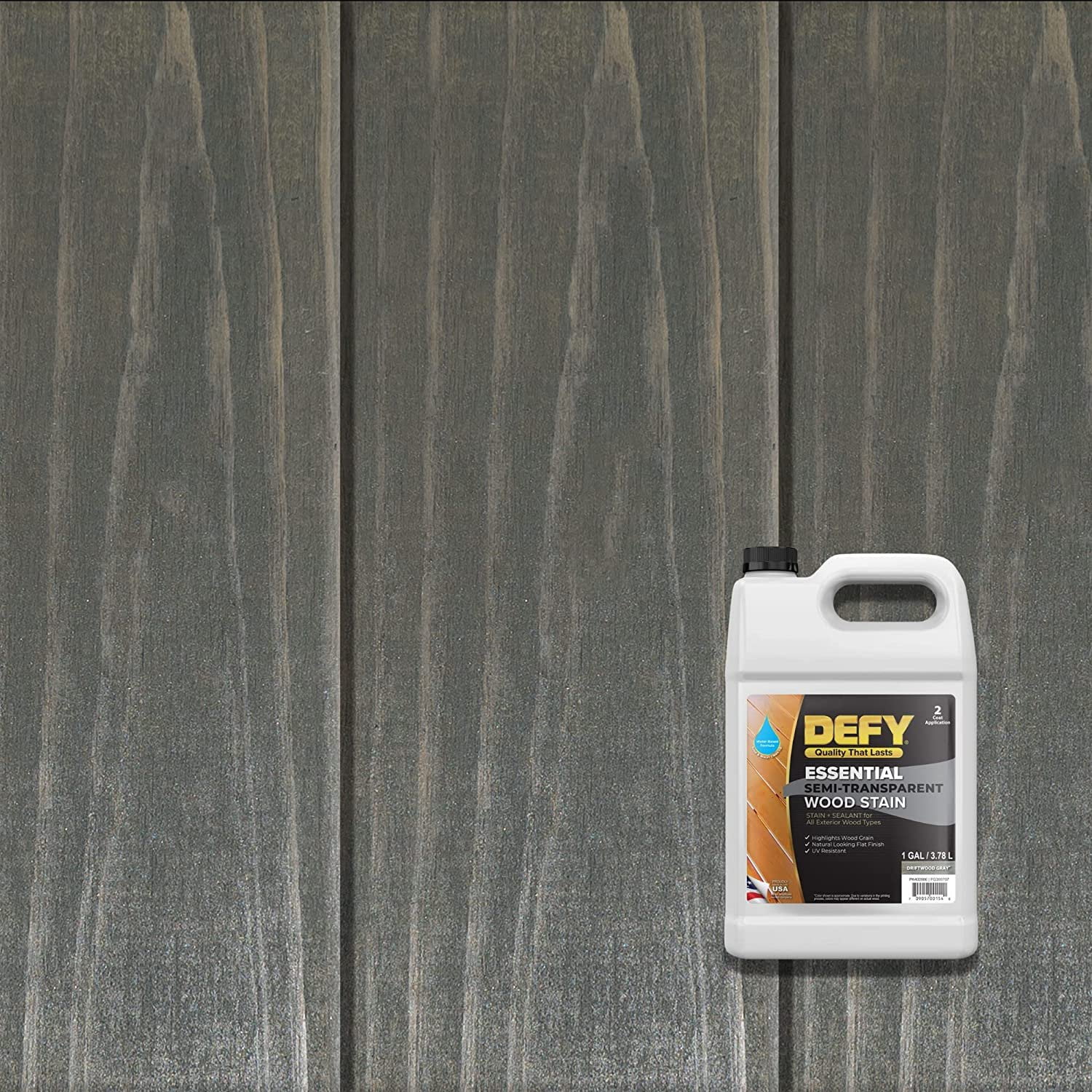 DEFY Essential Semi Transparent Exterior Deck Stain and Sealer - One Day Deck Stain & Fence Stain - 1 Gallon Pewter Gray