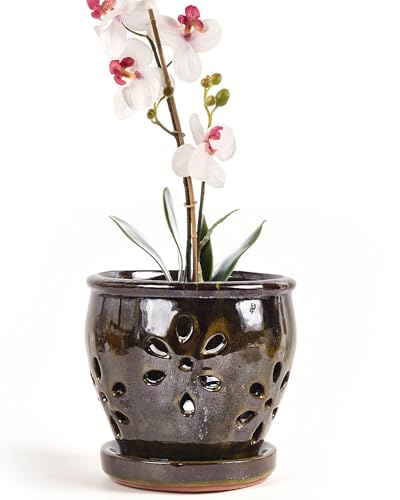 5 Inch Ceramic Orchid Pots with Holes and Saucers - 1 Pcs Small Ceramic Orchid Planter Pots for Repotting, Plant Garden Pots for Orchid Indoor and Outdoor Promotes Air Circulation, Olive Green