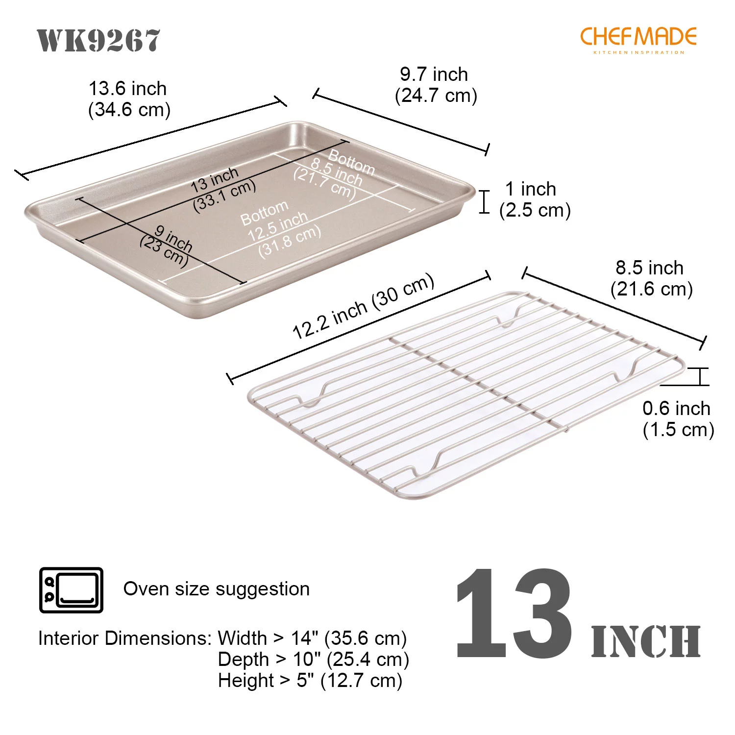 CHEFMADE Roasting Pan with Rack, 13-Inch Non-Stick Rectangular Shallow Dish Sheet Pan with Wire Rack for Oven Baking, BBQ, Jelly Roll and Roasting 9