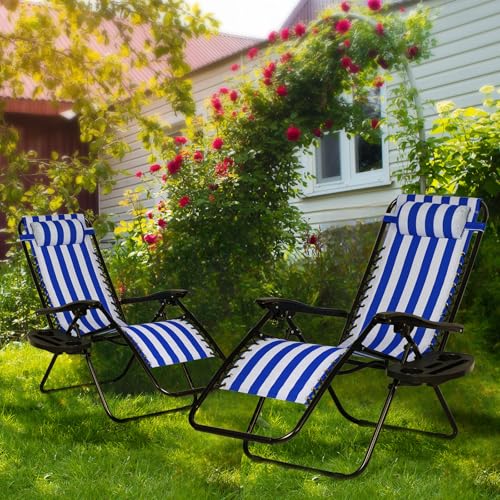 Nazhura Set of 2 Relaxing Recliners Patio Chairs Adjustable Steel Mesh Zero Gravity Lounge Chair Beach Chairs with Pillow and Cup Holder (Dark Green)