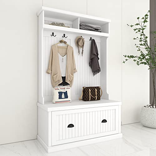 BNSPLY Hall Tree with Bench and Shoe Storage, 3 in 1 Entryway Bench with Coat Rack, Mudroom Bench with 4 Double Hooks, Entryway Furniture for Hallway (White, 40