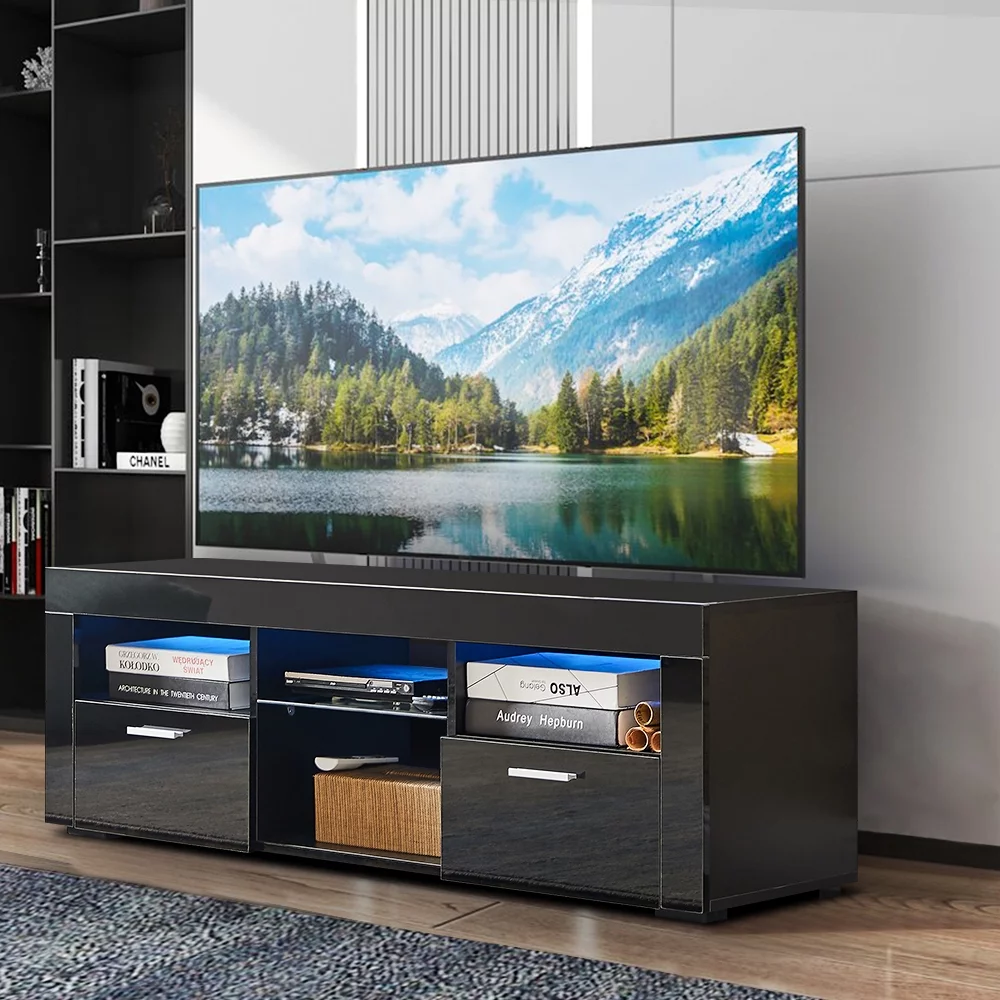 SESSLIFE Modern TV Stand with 16 Colors LED Light for TV up to 55 Inches, High Glossy TV Cabinet Media Storage Entertainment Center Console Table with Shelves for Living Room Bedroom