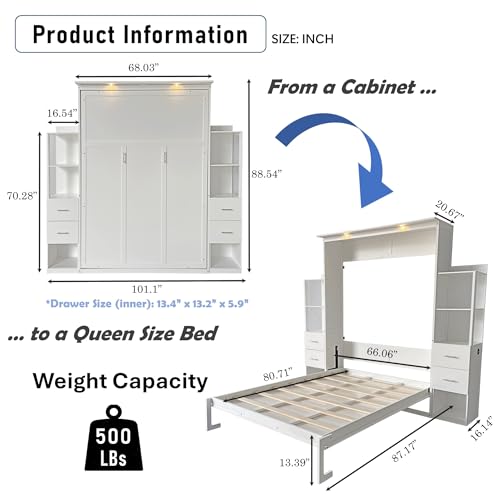 DNYN Queen Size Murphy Bed with Storage Drawers & Shelves & Closet for Bedroom,Wooden Wall Bedframe w/Storage,No Box Spring Needed & Super Save Space, White