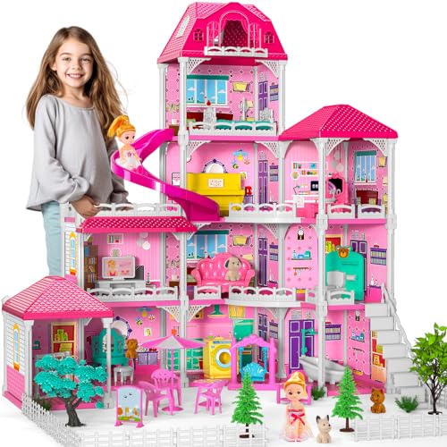 Dolls House for Girls Toys, 4 Stories 10 Rooms Dollshouse with 2 Princesses Slide Accessories, Playset for Toddler Playhouse Gift for for 3 4 5 6 7 8+ Year Old Girls Toys