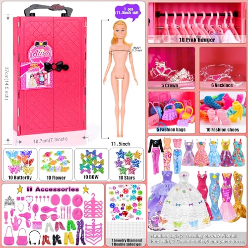 iBayda 139pcs 11.5-inch Fashion Doll and Wardrobe Playset: Wedding Dress, Outfits, Shoes, Bags, Necklace, DIY Stickers Accessories