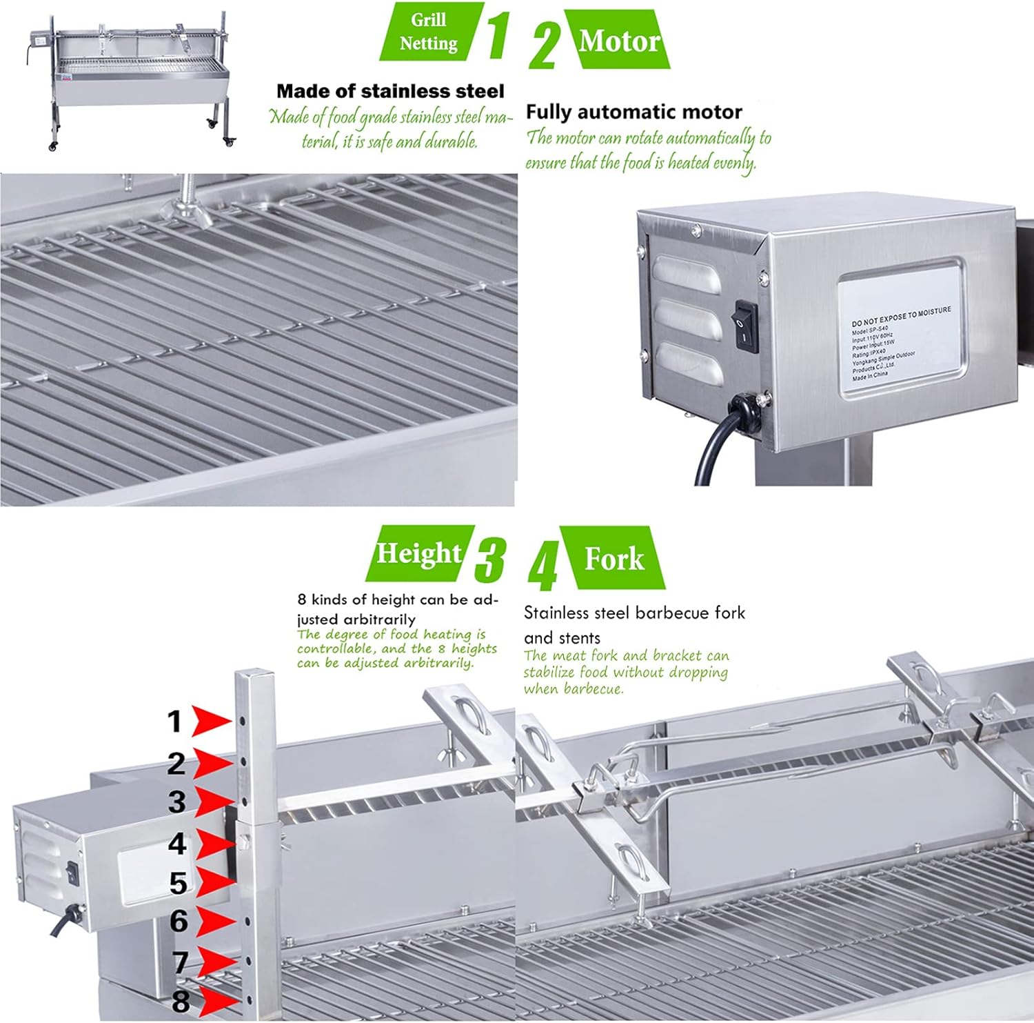 Rotisserie Grill Roaster 46 Inch Pig Grill Roaster Stainless Steel BBQ Charcoal Spit Electric Rotating Grill Lamb Spit Roaster 66lbs Capacity with Back Cover Guard