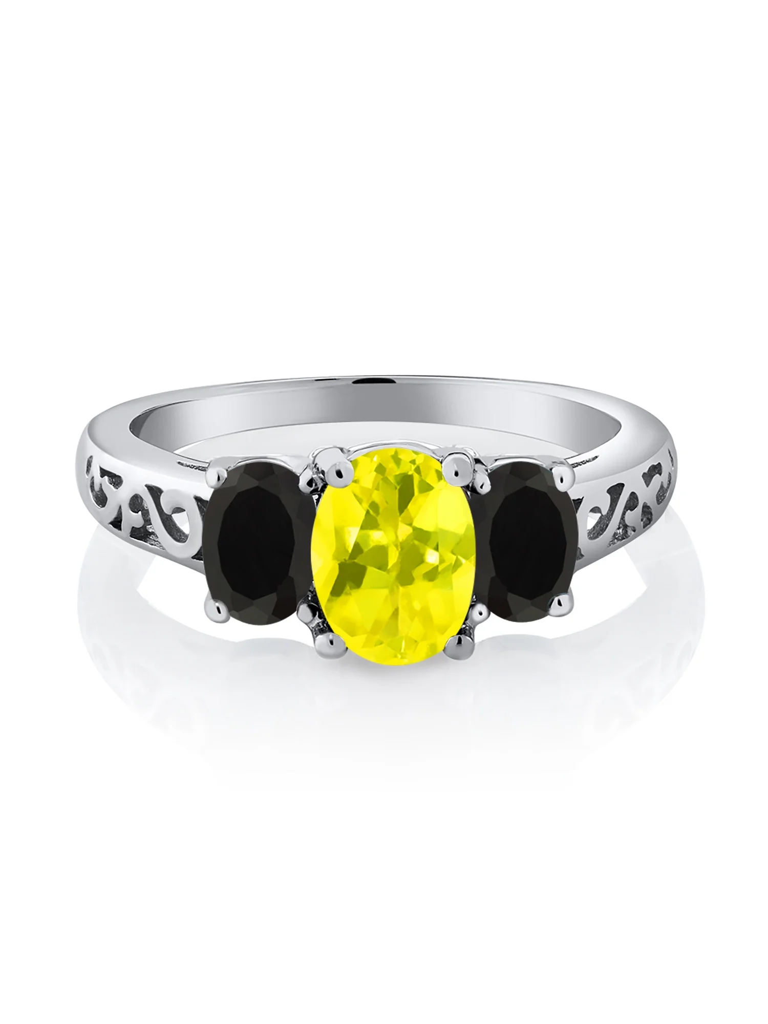 Gem Stone King 925 Sterling Silver Canary Mystic Topaz and Black Onyx Filigree Style 3 Stone Ring for Women (2.36 Cttw, Oval 8X6MM and 6X4MM, Available in Size 5, 6, 7, 8, 9)