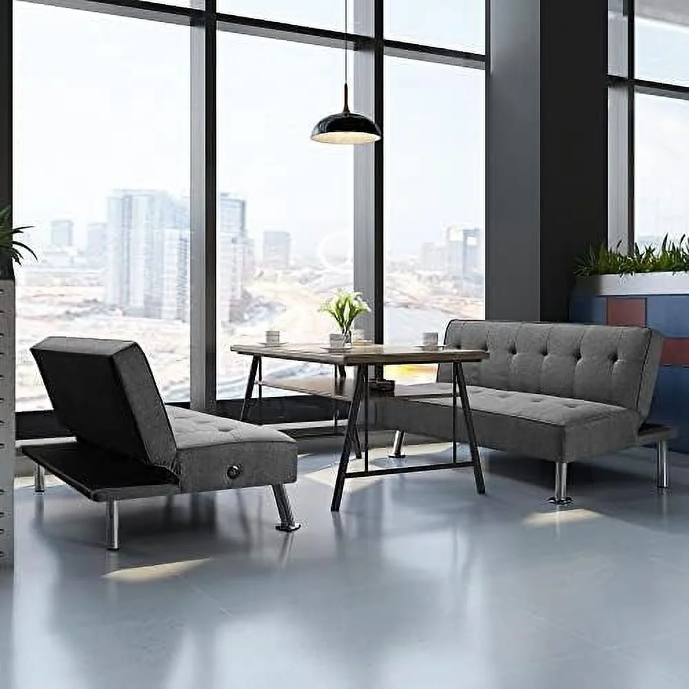 HJZBNONE Modern Convertible Futon Sofa Bed w/ 2 Integrated USB Charging Ports Fabric Loveseat Couch Metal Legs  3 Angles Adjustable Back for Compact Living Space  Apartment  Dorm  Bonus R