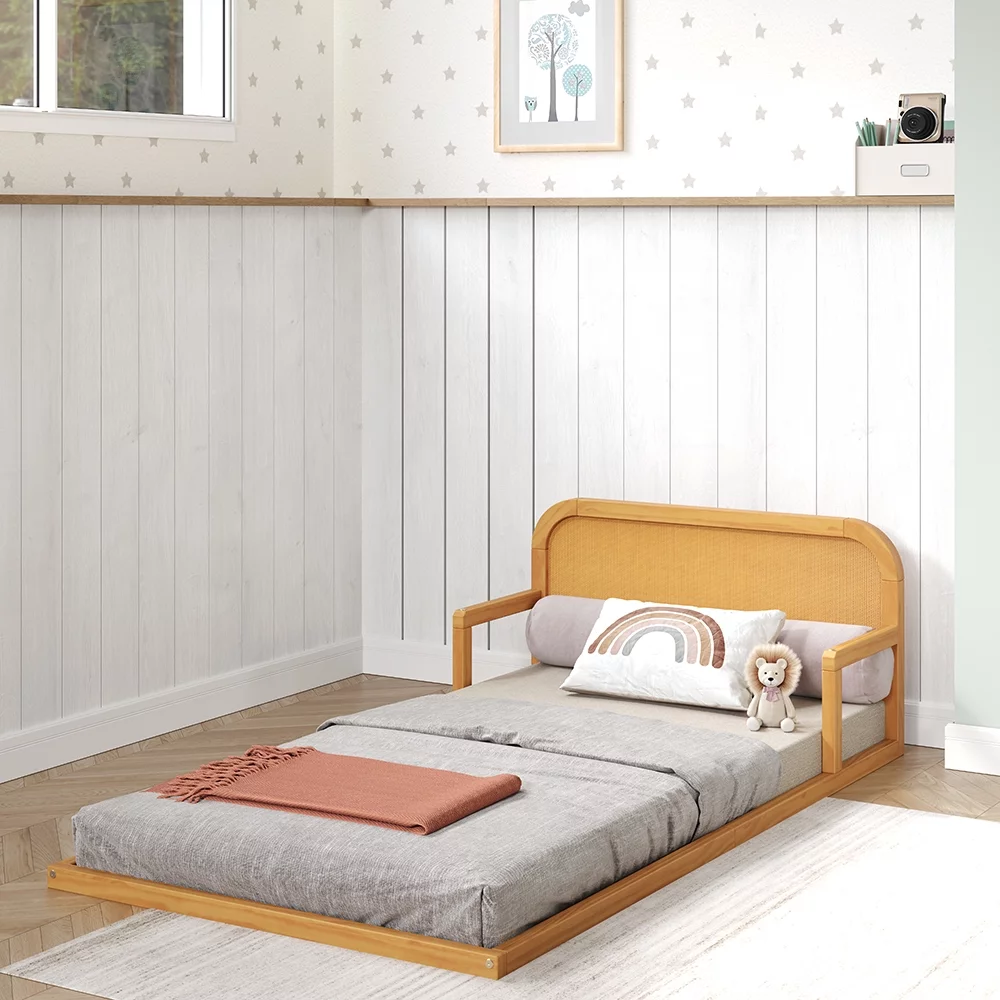 P’kolino Curva Rattan Kids Twin Floor Bed Frame with Headboard- FSC Certified Solid Pine Wood- Natural