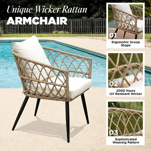 IDZO Heavy Duty 500lbs Weight Capacity Wicker Bistro Table and Chairs Set of 2 with Olefin Fabric Soft Cushions