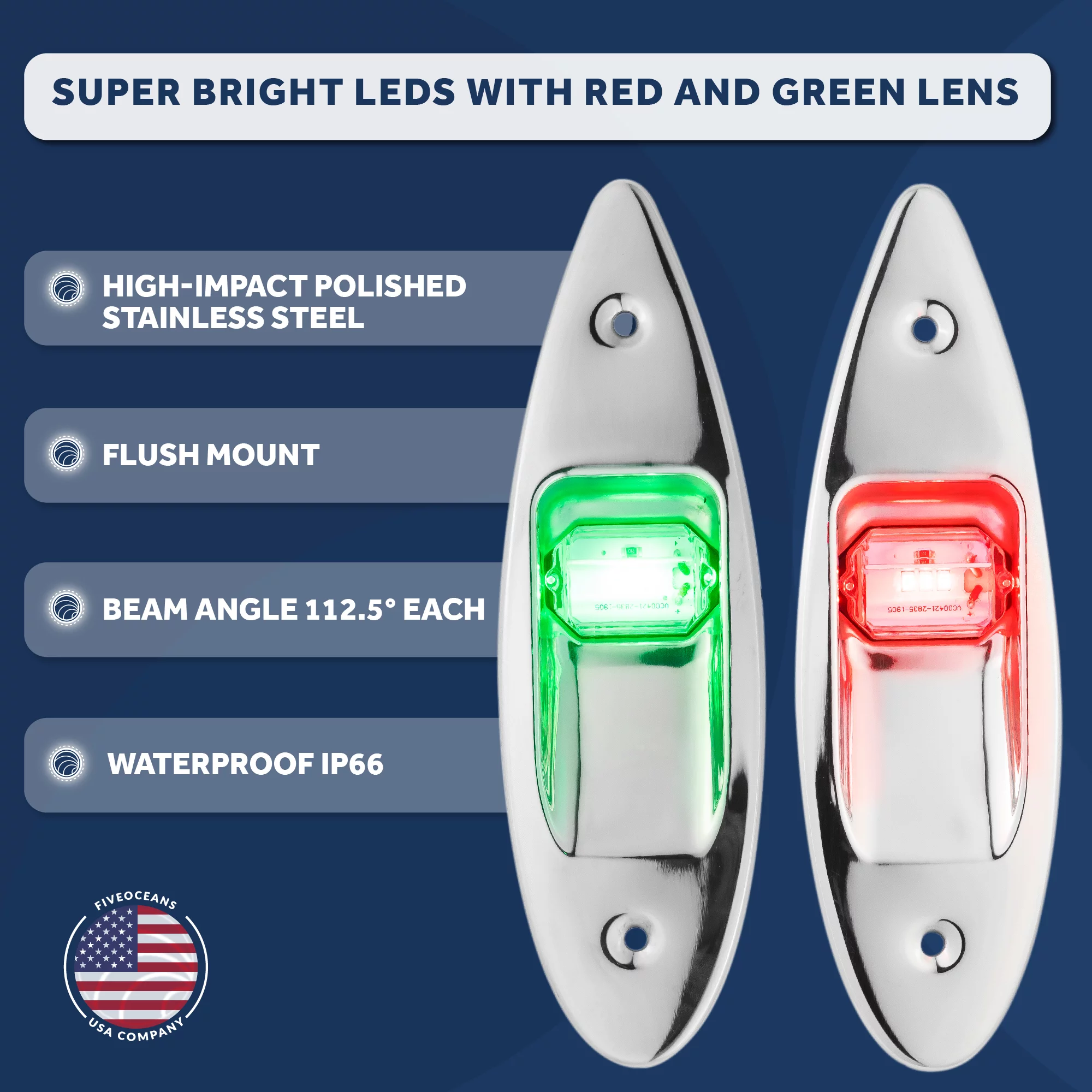 Five Oceans Boat Navigation Lights - LED Bow Light, Navigation Lights for Boats LED Red and Green, Boat Lights Navigation Vertical Mount Sidelight, 12-Volts, USCG Rules 2NM - FO3840