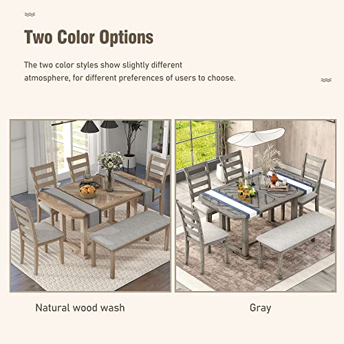 Merax 6-Piece Rubber Wood Dining Table Set with 4 Cushioned Chairs and Bench, Beautiful Grain Pattern Tabletop, Light Gray