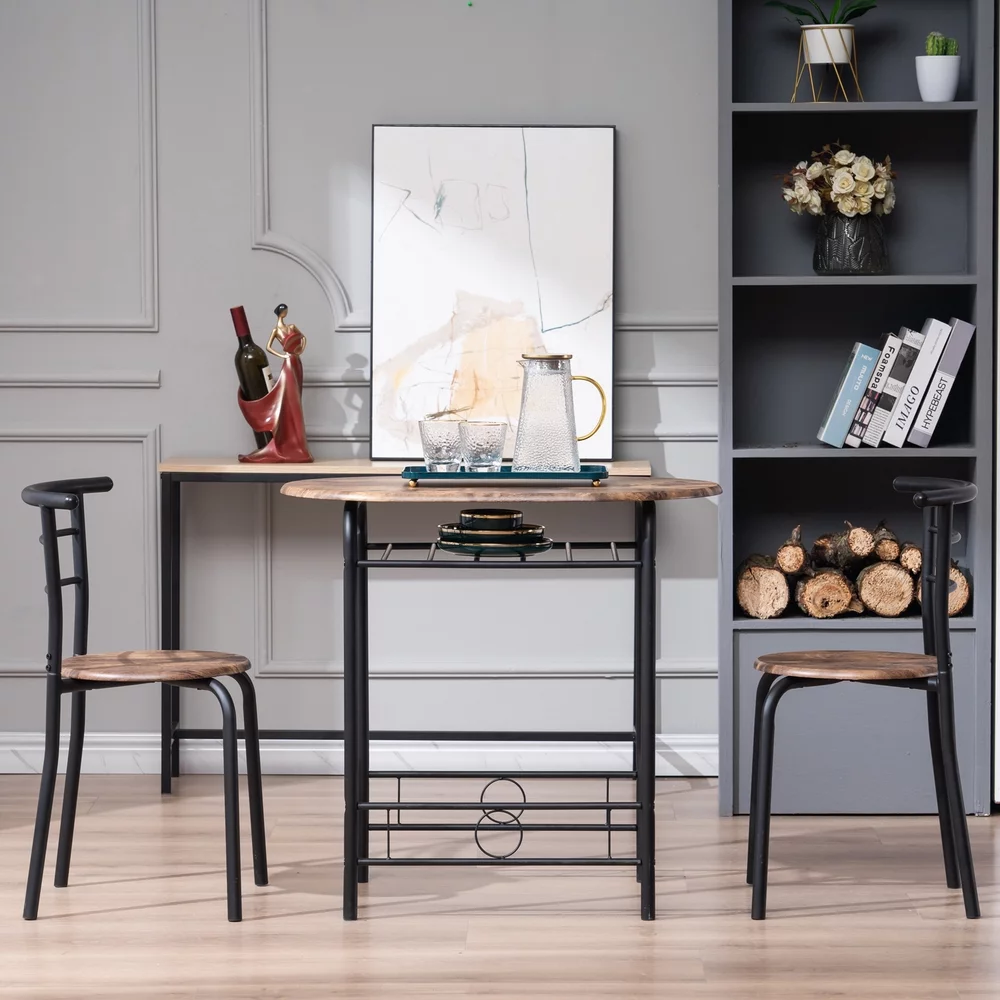 Seizeen Dining Set 3 Pieces, Wood Top Table & Chair 2 Seats With Metal Frame, Bistro Pub Tables & Sets With Storage Rack, Small Dining Table Sets For Home Kitchen Dining Room, Brown