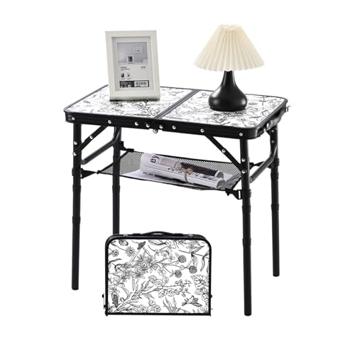 Toile de Jouy-Inspired Camping Table, Vintage French Floral Pattern Folding Table, Adjustable Height, Lightweight & Portable Outdoor Picnic Table with Carry Handle for Patio, Living Room, Travel