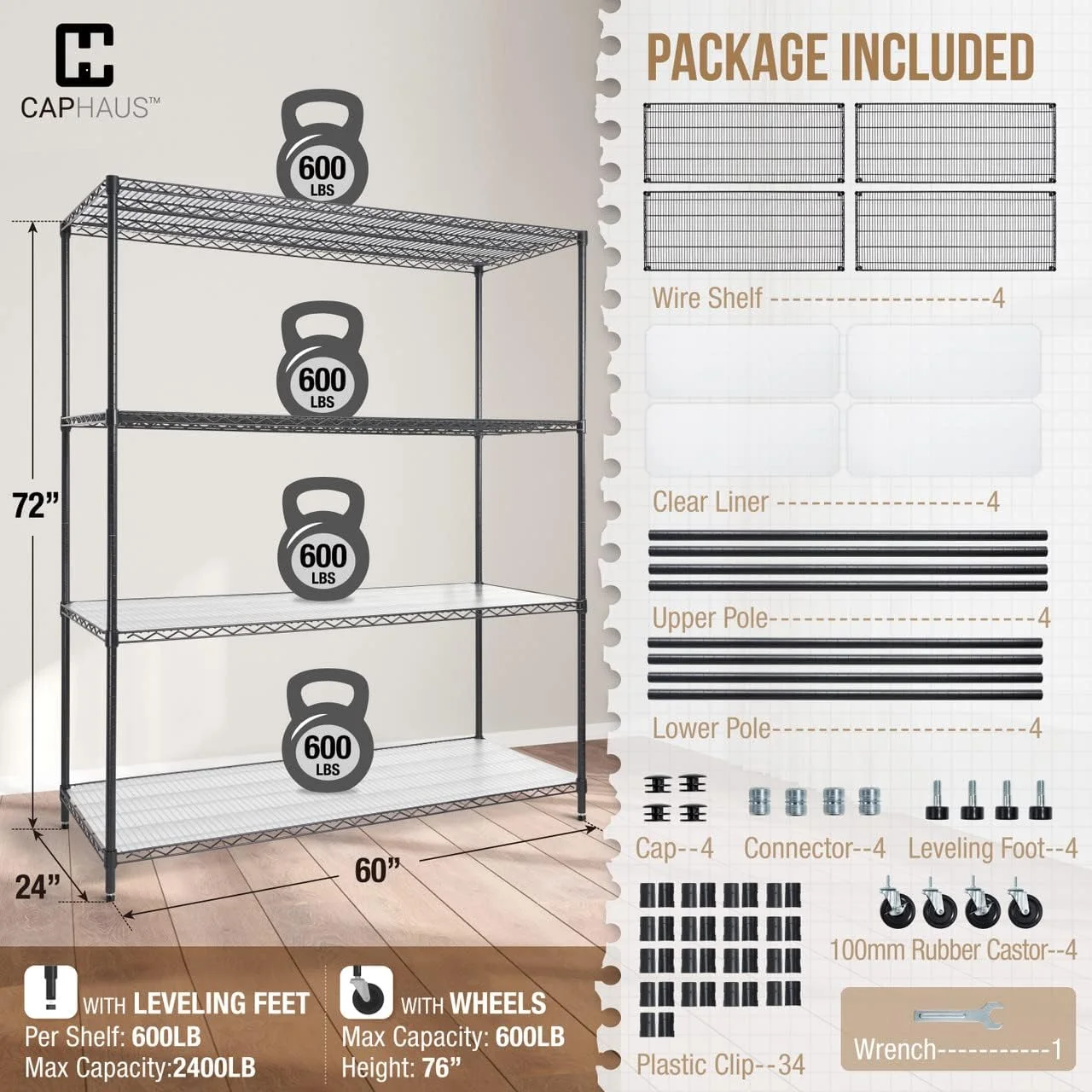 CAPHAUS NSF Commercial Grade Heavy Duty Wire Shelving w/ Wheels, Leveling Feet & Liners, Storage Metal Shelf, Garage Shelving Storage, Utility Wire Rack Storage Shelves, w/ Liner, 60 x 24 x 76 4-Tier
