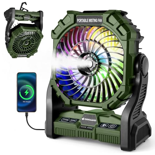 Odoland Portable Misting Fan with LED Light, 20000mAh Battery Operated Rechargeable Camping Mister Fan with 250mL Water Tank and Hook, Outdoor Tent Cooling Mist Fans for Patios Beach Home, Orange
