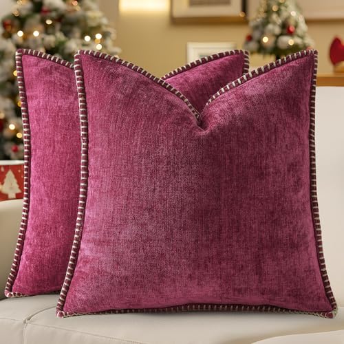 decorUhome Christmas Chenille Soft Throw Pillow Covers 18x18 Set of 2, Farmhouse Velvet Neutral Decorative Euro Fall Pillow Covers with Stitched Edge for Couch Sofa Bed Home Decor, Forest Elf