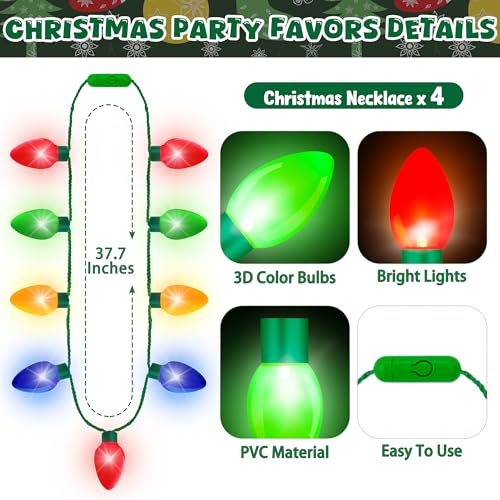 Blowata Christmas Party Favors, 3PCS Light Up Christmas Necklace Headband Glasses Set, Xmas Bulb Necklace Xmas Tree Lights Holiday Headbands LED Flashing Santa Eyeglasses Bulk for Xmas Gift