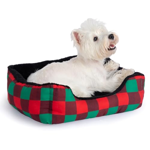Hollypet Printed Flannel Rectangle Plush Dog Cat Bed Self-Warming Pet Bed, Christmas Red and Green Check