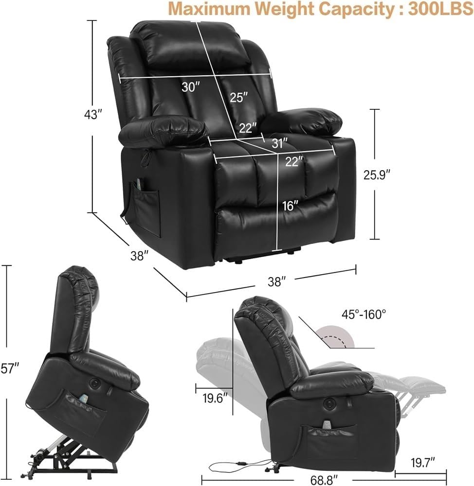 Lazy Boy Recliner Chair Power Lift Rocker Massage Heat Elderly Ergonomic Single Lounge Sofa Home Theater Seating - Comfortable Electric Recliner for Senior Citizens