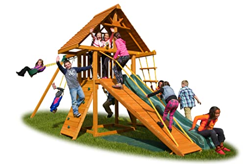 Dreamscape Solid Cedar Wood Swing Set | Jungle Gym with Clubhouse, Rock Wall, Wave Slide, Monkey Bars, Picnic Table, Swings & Accessories | Easy Assembly | Kids Playhouse (#2)