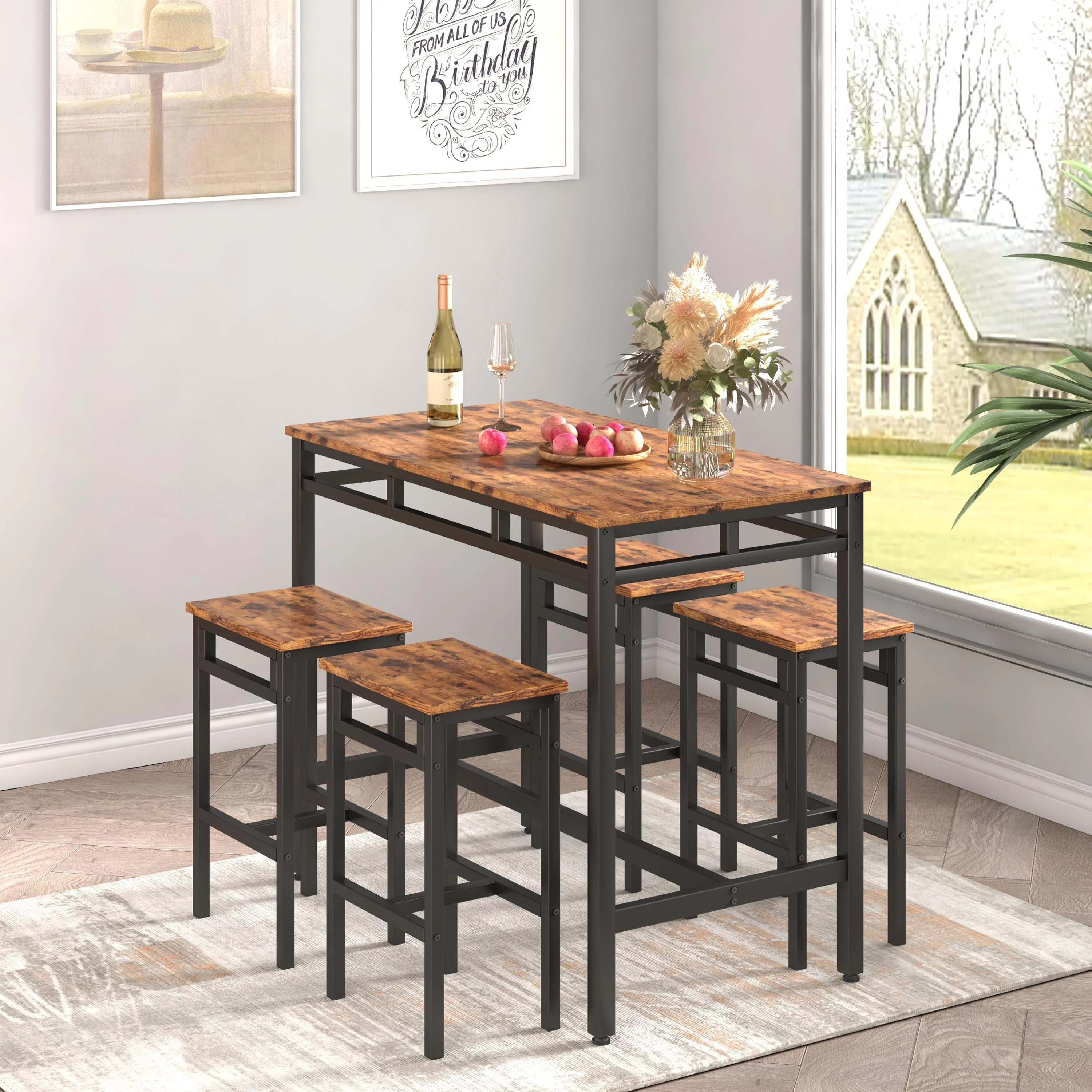Seizeen Bar Table Set of 5, Modern Counter Height Dining Table & 4 Stools, Dark Texture Pub Bistro Set with 4 Height Stools for Small Space Kitchen Cafe Shop, Rustic Brown