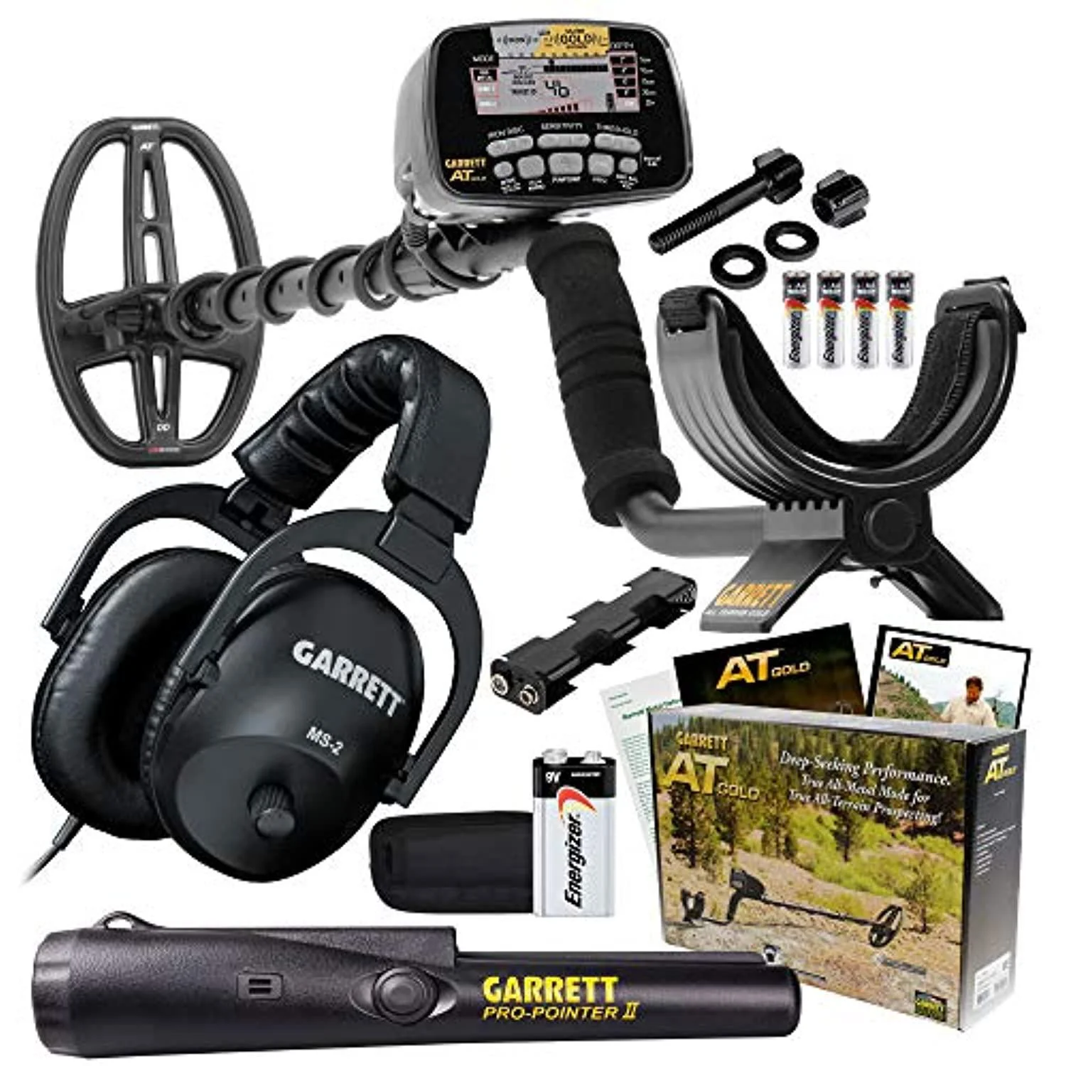 garrett at gold waterproof metal detector with ms-2 headphones and propointer ii
