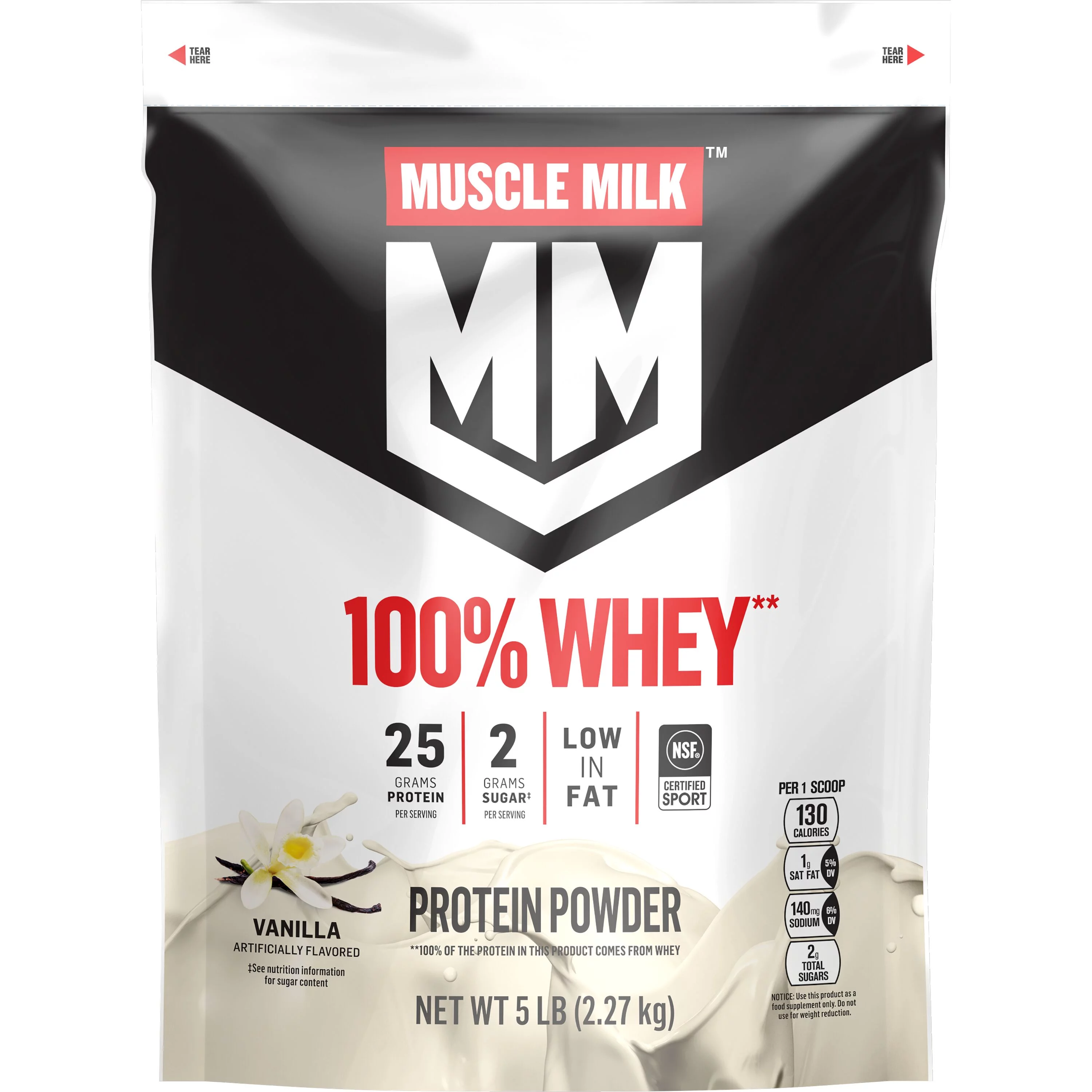 Muscle Milk 100% Whey Protein Powder, Vanilla, 5 Pound, 66 Servings, 25g Protein
