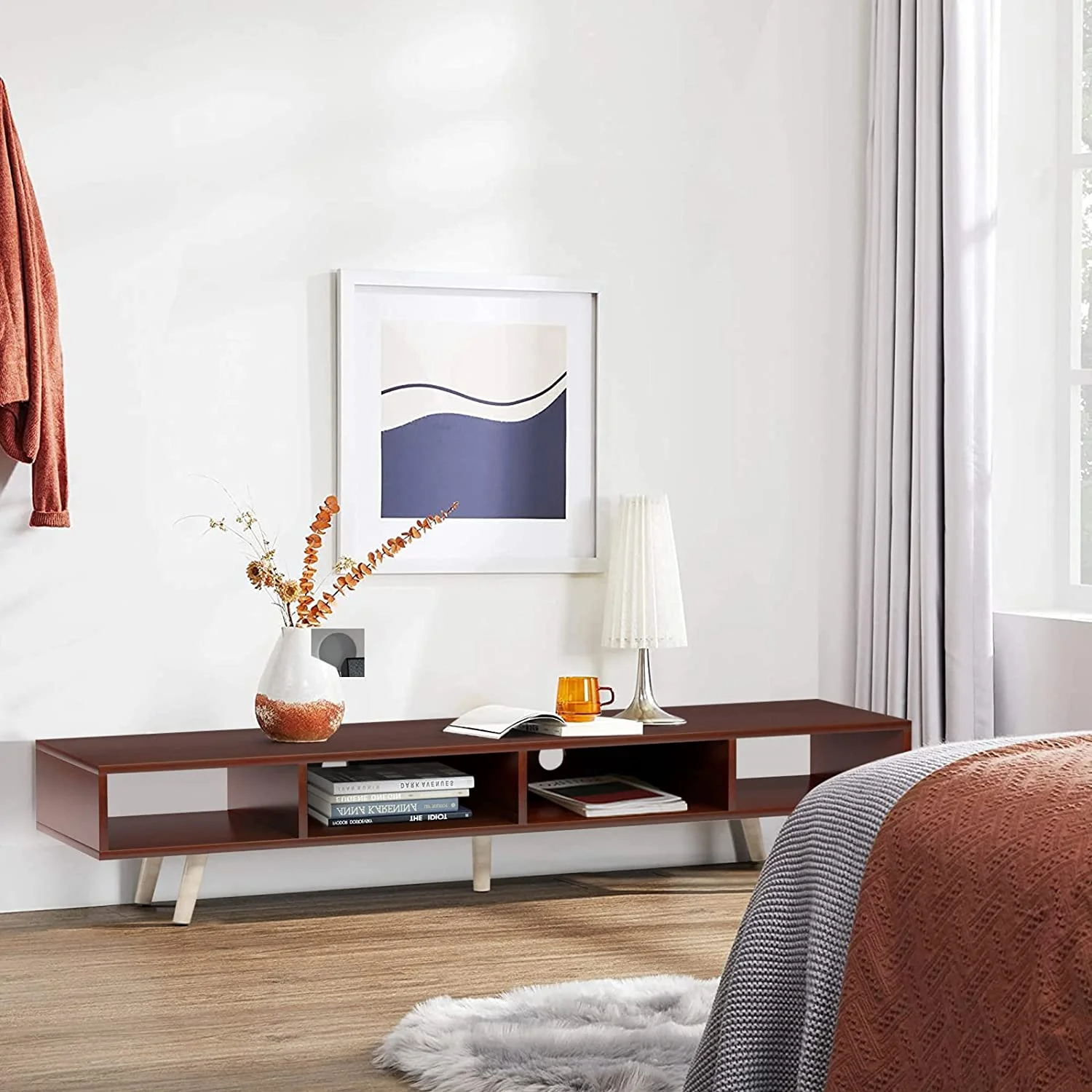 RichYa Wood TV Stand for 55/60/65 inch TV, TV Cabinet with Storage Shelves for Wall Mounted TV, Walnut