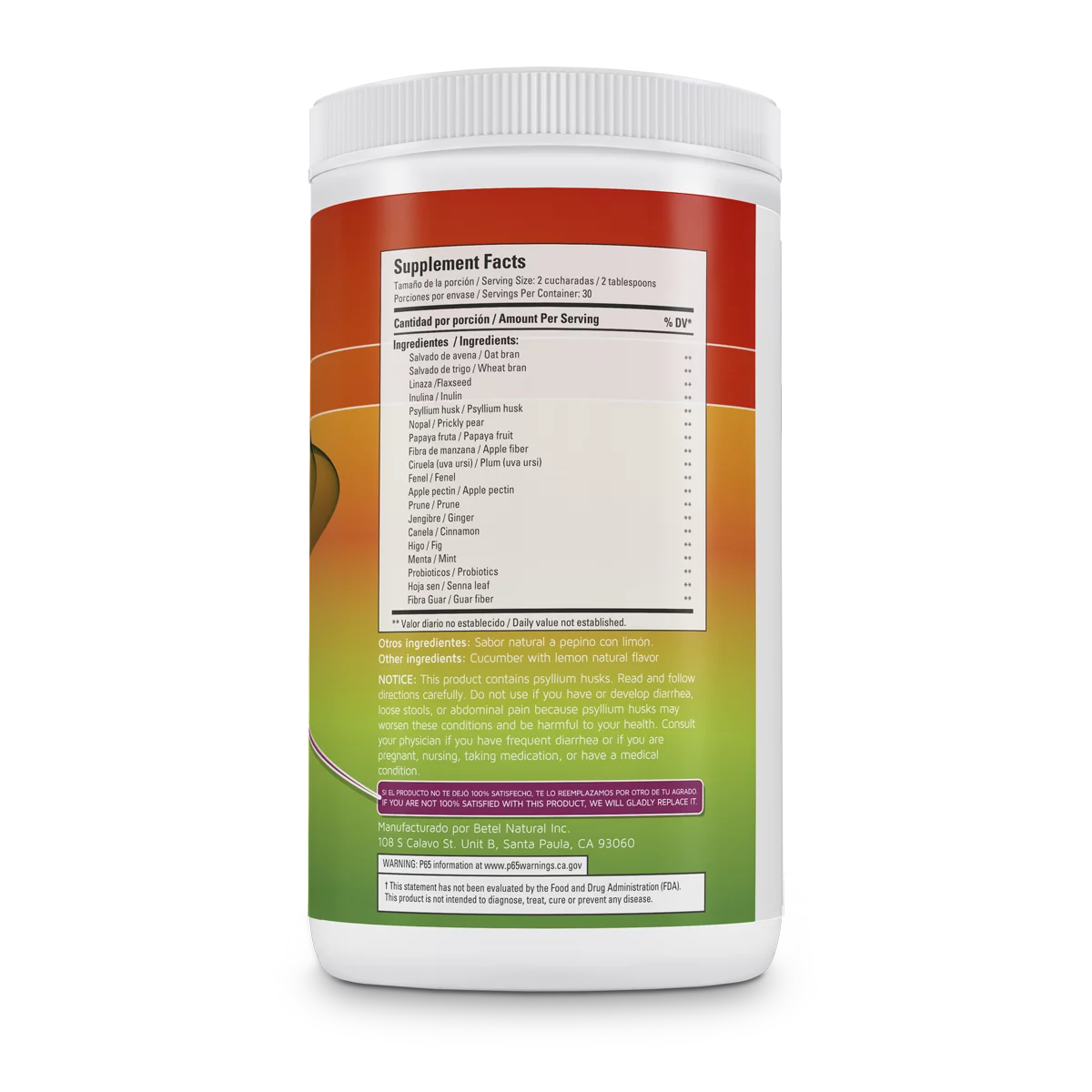 Daily Fibra Forte Formula / Strong Formula - Extreme Colon Cleanse - Betel Natural (Cucumber with Lemon (Pepino con Limon))