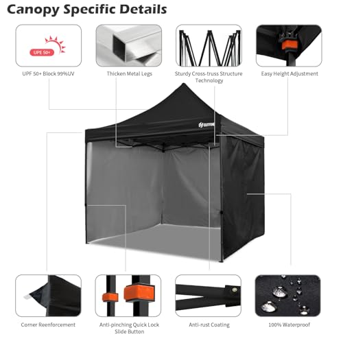 OUTFINE Heavy Duty Canopy 10x10 Pop Up Commercial Canopy Tent with 3 Side Walls Instant Shade, Bonus Upgrade Roller Bag, 4 Weight Bags, Stakes and Ropes (White, 10 * 10FT)