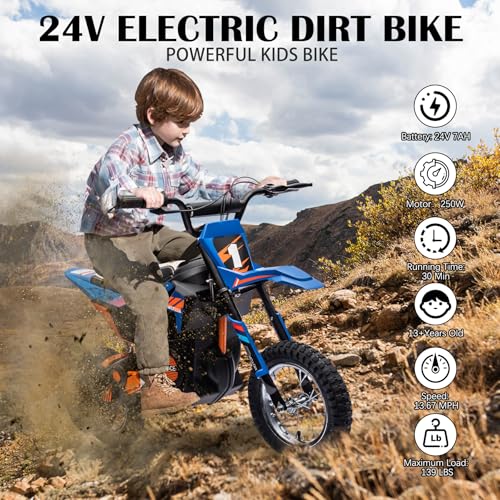 24V Kids Electric Dirt Bike 250W Motor Off-Road Motorcycle, 13.6MPH Fast Speed Powerful Motorcycle for Kids, Electric Mini Bike with Twist Grip Throttle, Leather Seat, Metal Suspension, Rubber Tires