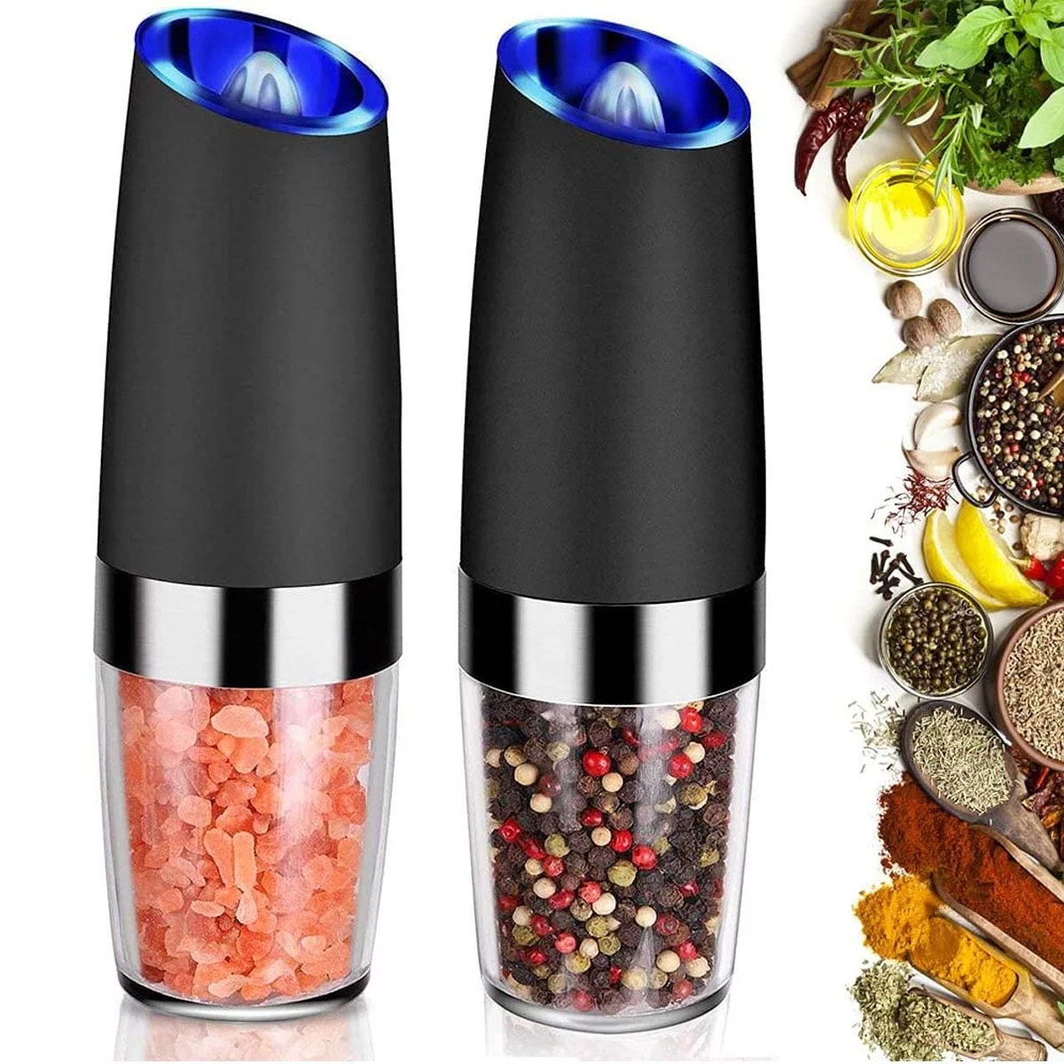 Deago 2 Pack Electric Gravity Salt and Pepper Grinder Set with Adjustable Coarseness Automatic Pepper and Salt Mill Grinder Battery Powered with LED Light