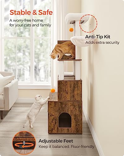 Feandrea Cat Tree with Litter Box Enclosure, 2-in-1 Modern Cat Tower, 70.8-Inch Tall Cat Condo with Scratching Posts, Perch, Caves, Basket, Washable Cushions, Heather Greige UPCT116G01