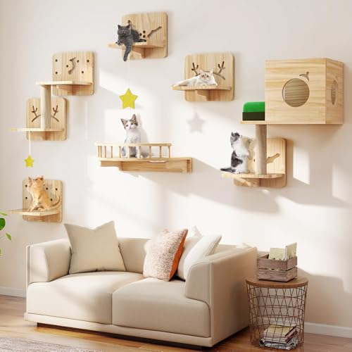 Cat Wall Shelves and Perches, Solid Wood Wall Mounted Cat Furniture, Set of 13 Cat Climbing Shelves with Moon Hammock, House, Wall Ladder, Scratching Post and Cat Tunnel