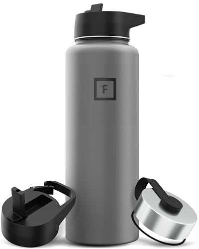 IRON °FLASK Camping & Hiking Hydration Flask with 3 Lids - Stainless Steel, Double Walled & Vacuum Insulated Water Bottle - Leak Proof & BPA Free (Midnight Black, Straw - 40 oz)