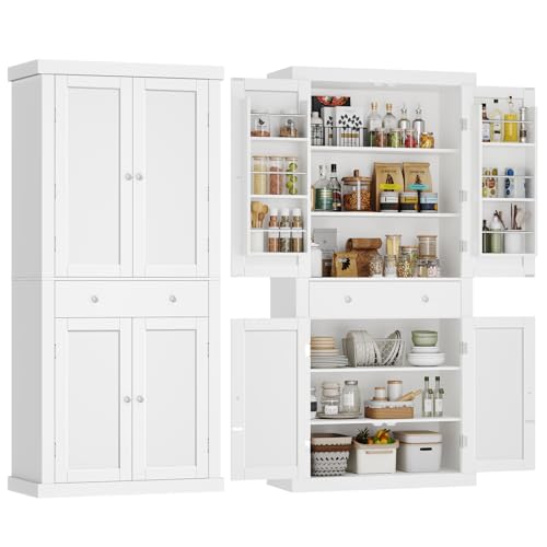 usikey 72” Kitchen Pantry Cabinet, Tall Storage Cabinet with 4 Doors and 1 Drawer, Freestanding Cupboard with 6 Hanging Shelves and Adjustable Shelves for Kitchen, Dining Room,Living Room, Black
