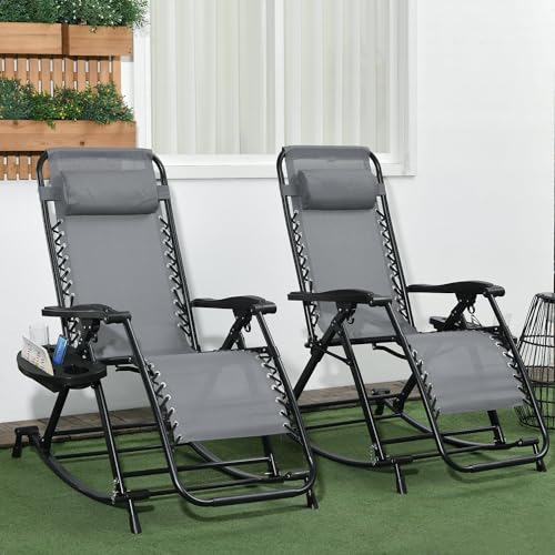 Outsunny Outdoor Rocking Chairs, Foldable Reclining Zero Gravity Lounge Rocker with Pillow, Cup & Phone Holder, Combo Design with Folding Legs, Black