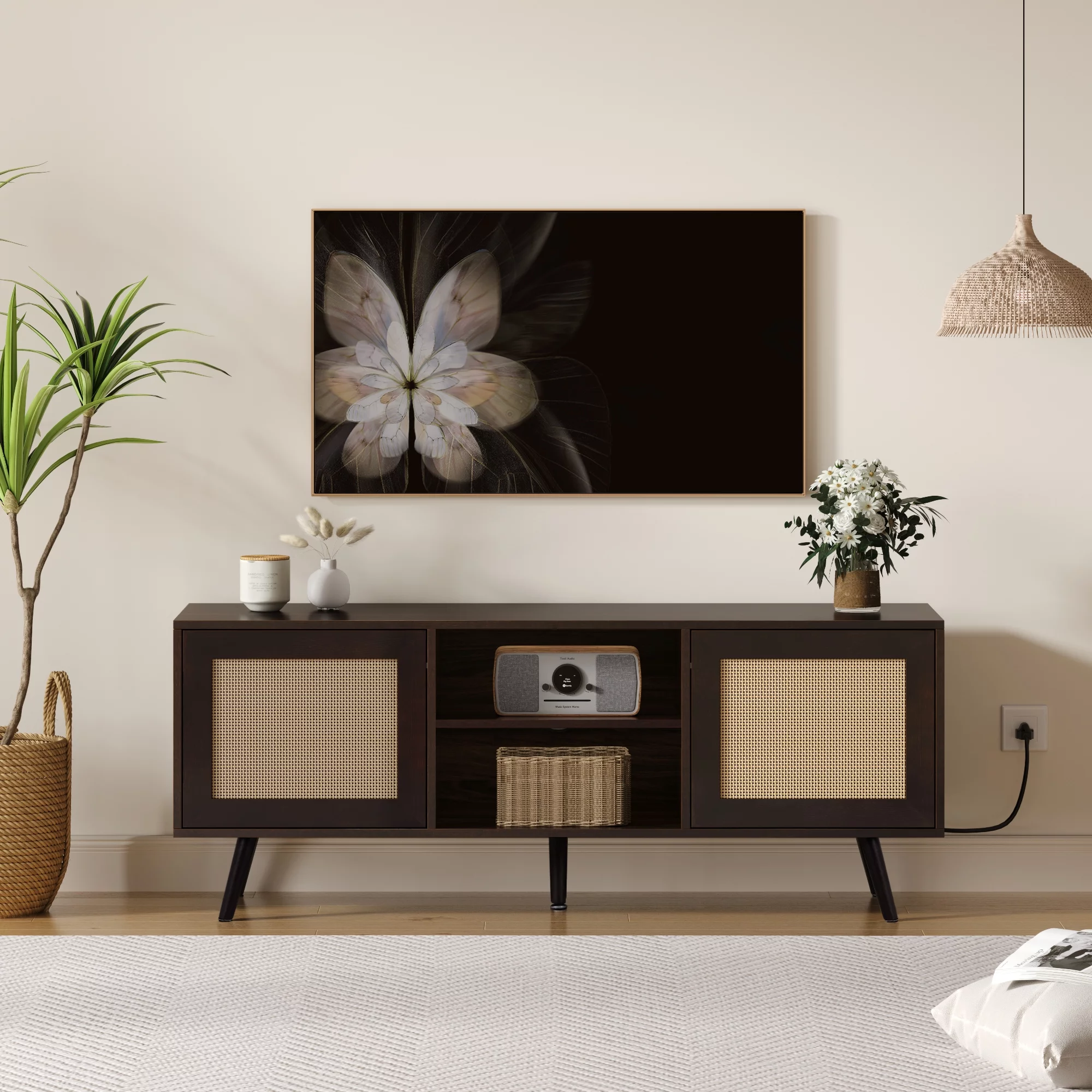 CLIKUUTORY 60-inch Rattan TV Stand, Entertainment Center with Adjustable Shelves, Rattan TV Stand with 2 Cabinets, Media Console, Solid Wood Legs, Walnut