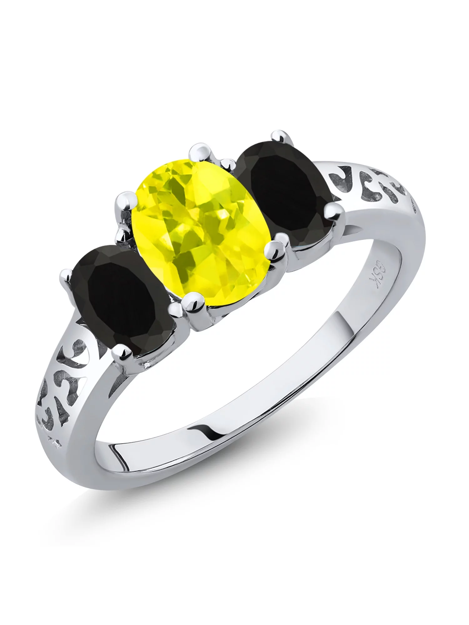 Gem Stone King 925 Sterling Silver Canary Mystic Topaz and Black Onyx Filigree Style 3 Stone Ring for Women (2.36 Cttw, Oval 8X6MM and 6X4MM, Available in Size 5, 6, 7, 8, 9)