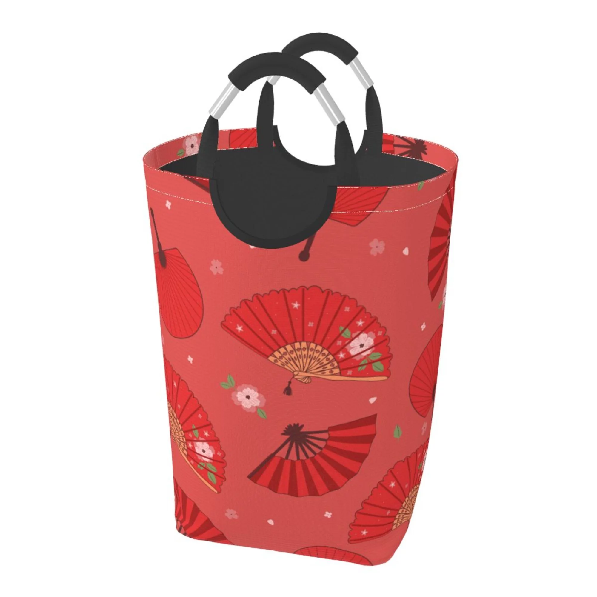 TEQUAN 50L Large Rectangular Laundry Hamper with Aluminum Handles, Vintage Oriental Red Hand Fans Prints Waterproof Foldable Dirty Clothes Basket