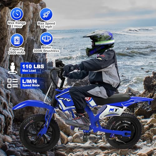 Kids Electric Motorcycle, 25.2V 300W Brushless Motor & Controller, 3 Speeds (10MPH, 8 Miles), LCD, LED, Moto Sound, Twist Grip, Dual Suspension & Brakes, for 3-10 yrs, 110 LB (Blue)