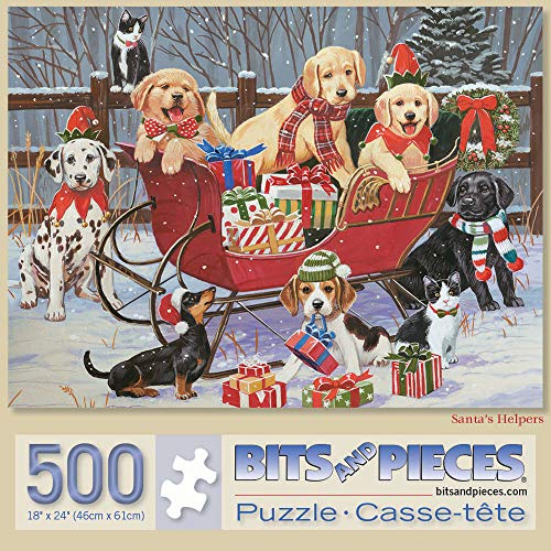 Bits and Pieces – 500 Piece Jigsaw Puzzle for Adults – Santa's Helpers - Puppies Christmas Sleigh Jigsaw Puzzle by Artist William Vanderdasson, Completed Puzzle Size: 18